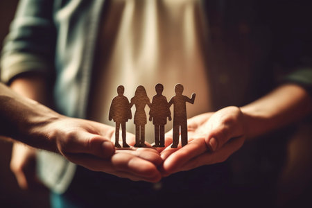 World Population Day A hand holding a paper cutout of a family.の素材