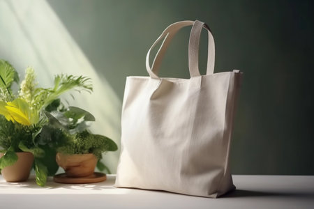Plastic Free July A white tote bag with a white handle sits on a table next to a plant.の素材