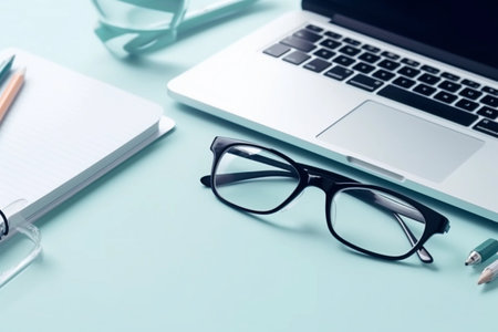 A laptop, pencils, glasses, and a laptop on a blue backgroundの素材