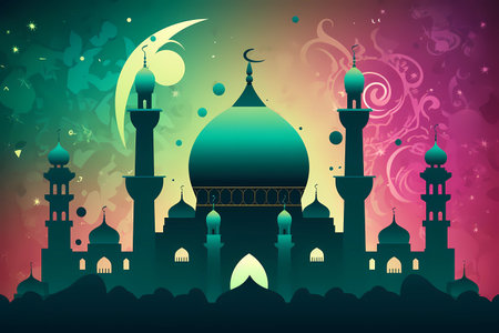 A colorful illustration of a mosque with a crescent moon on the top.の素材