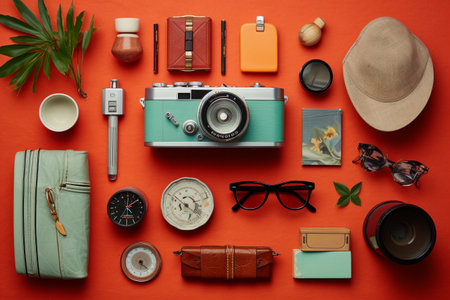A collection of items including a camera, a clock, a clock, and other items on an orange background.の素材