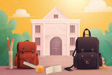 A yellow background with a school bag and a compass on the front.の素材