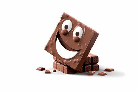 World Chocolate Day A chocolate bar with a smiling face is sitting on a stack of stacked bricksの素材