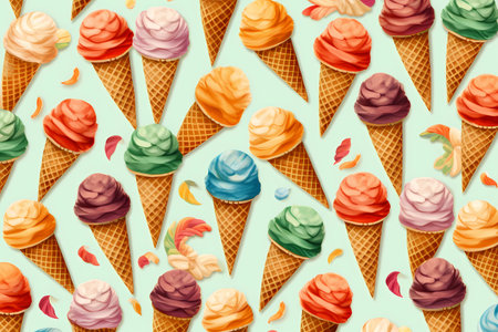 Colorful ice creams on a green backgroundの素材