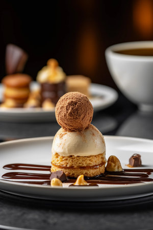 A dessert with chocolate and nut on top sits on a plate with a cup of coffee in the background.の素材