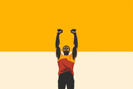 A man in a red shirt stands in front of a yellow background Nelson Mandela International Dayの素材