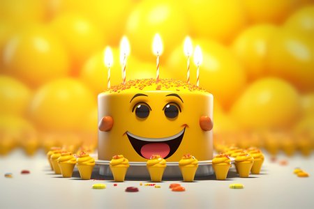 World Emoji Day A cake with a face and a bunch of small cupcakes on itの素材