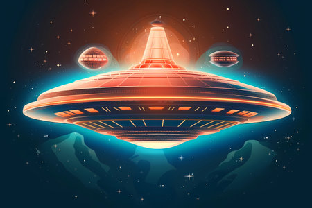 World UFO Day An illustration of a spaceship flying over a planet.の素材