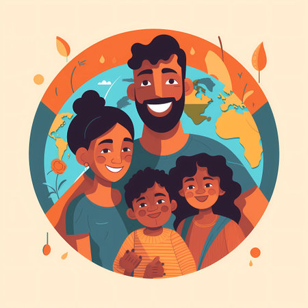 A cartoon of a family with the world in the backgroundの素材