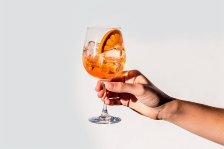 A hand holding a glass of orange gin and tonic with ice cubes on the bottom.の素材