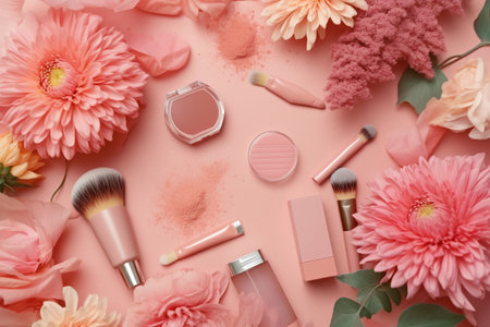A pink background with flowers and makeup productsの素材