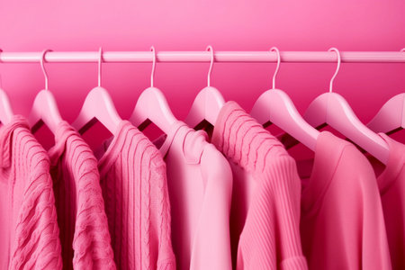 Pink clothes hang on a rack with one of them pinkの素材