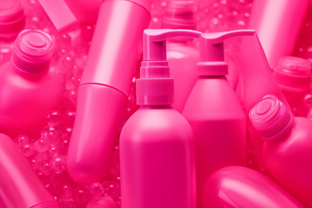 A bunch of pink bottles with a pump on the topの素材