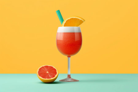 A glass of Slushie orange juice with a green straw next to itの素材