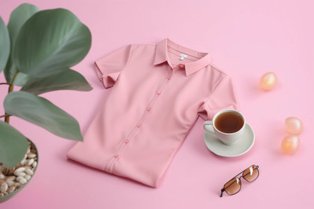 Pink shirt and a cup of tea on a pink backgroundの素材
