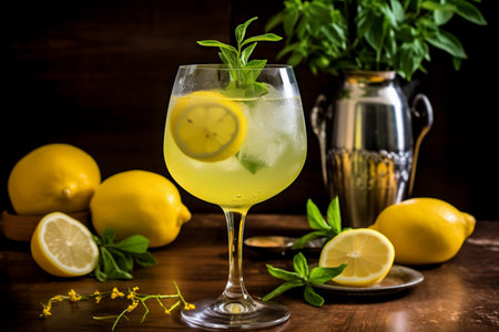 A glass of lemonade with lemons on the sideの素材