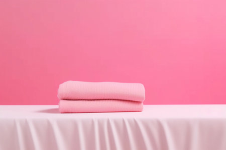 A pink table with two folded towels on itの素材