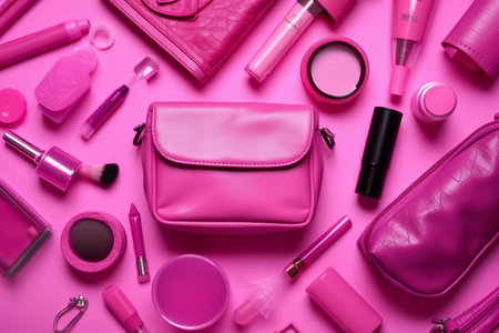 A pink bag with makeup on it and a bag with a pink bag that says pink on itの素材