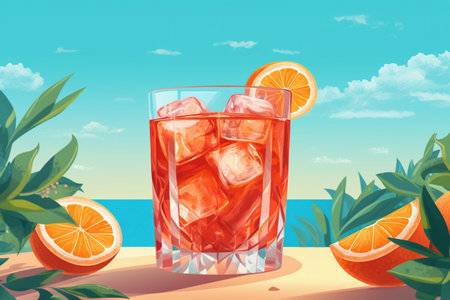 A glass of oranges and a drink with oranges on a beach.の素材
