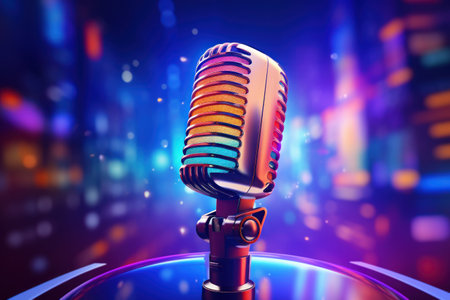 Color illustration for International Podcast Day. Studio beautiful microphone on volumetric background . Radio, sound work, space for textの素材