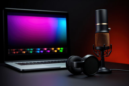 For the International Day of Podcasters. Podcaster's workstation in the studio. Microphone, headphone. laptop.の素材