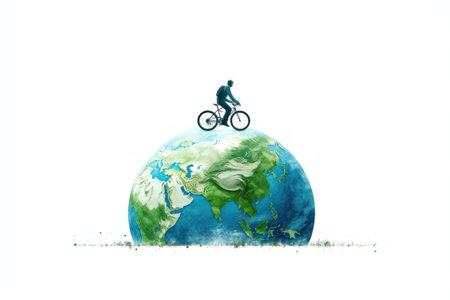 Color illustration of World Car free Day. A cyclist against the backdrop of the planet.の素材