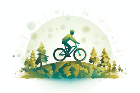 Color illustration of World Car free Day. A cyclist against the backdrop of the A cyclist in front of a world map.の素材