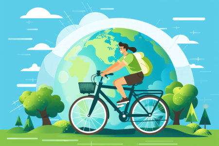 Color illustration of World Car free Day. A cyclist against the backdrop of the planet.の素材
