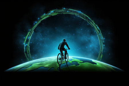 Color illustration of World Car free Day. A cyclist against the backdrop of the planet.の素材