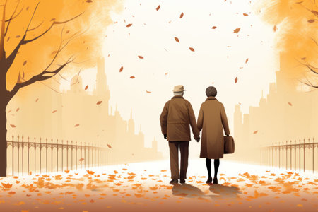 International Day Of Older Persons. elderly couple on a walk through past memorable sites.の素材