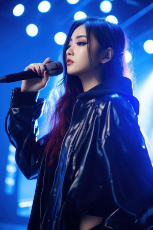 Young pretty woman happy and motivated, singing a song with a microphone, presenting an event or having a party, enjoy the momentの素材