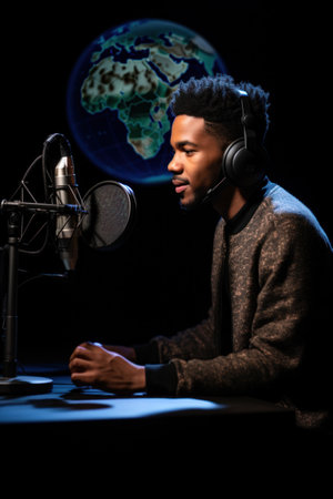 International Podcast Day. afro-american podcaster records a podcast against a background image of the globeの素材