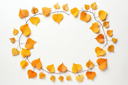 Autumn composition with dried maple leaves, cones and acorns on light background. Flat lay, top view, copy space.の素材