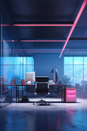 Modern sci-fi futuristic interior office design with green wall plant and beautiful night scene cityscape view. 3d renderingの素材