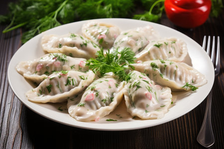 Homemade dumplings - big dumplings. Manty. Dumplings with stuffing. close-up.の素材
