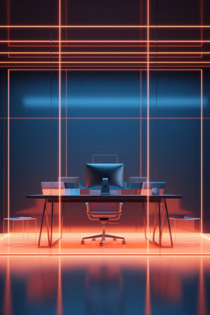 Modern sci-fi futuristic interior office design with green wall plant and beautiful night scene cityscape view. 3d renderingの素材