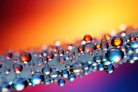 Beautiful large drops selective focus. Drops transparent water on grass macro. Bright artistic image in blue and purple tones.の素材
