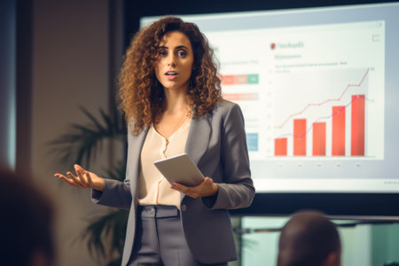 Confident young female business team leader giving marketing workshop to diverse team of employees. Coach, presenter training interns explaining presentation. Manager presenting charts, sales reportsの素材