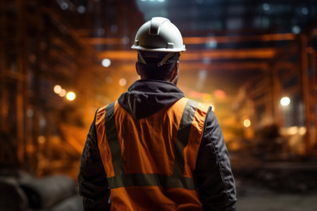 Man in workwear and red hard hat. Road worker in overalls and helmet against the background of road equipmentの素材