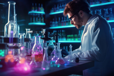 Laboratory scientist working at lab with test tubes Luminous solutions in flasks. The concept of the Magic of Science.の素材