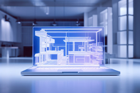 Digital laptop concept of online learning in futuristic style. Light effect of a beam of light coming from an open laptop, e-book or e-learning concept. vector illustrationの素材