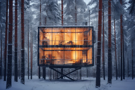 abstract model glass eco house hanging between branches of tall treesの素材