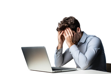 Man sat at table staring at laptop with head in handsの素材
