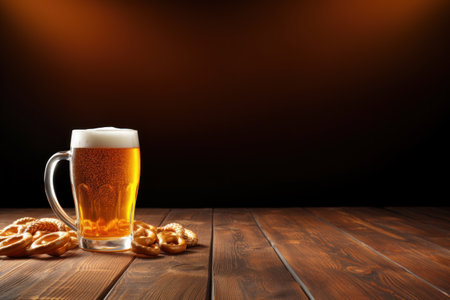 oktoberfest symbol. a glass of beer and brezels on a wooden table, on a dark wooden background. empty spaceの素材