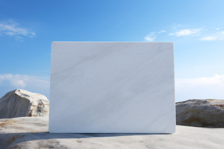 Patriot's Day Concept. White marble square memorial slab against the sky. Memorial Day 9.11 Place for textの素材