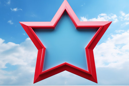 Decorative three-dimensional red dimensional frame in the shape of a star against the sky for your design. space for textの素材