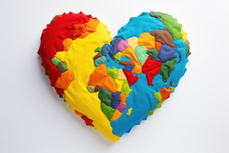 International Day of Charity. A heart made of plush pieces in the colors of all flags of the worldの素材