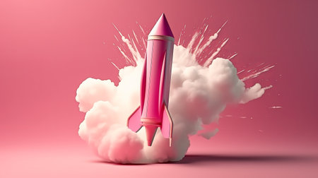 Pink rocket in the clouds. 3D illustration. 3D rendering.の素材