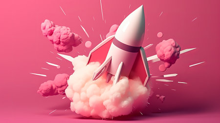 Rocket launch with pink clouds. 3D illustration. 3D rendering.の素材