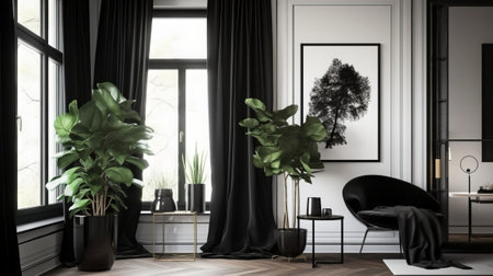 Interior of modern living room with black walls, wooden floor, black armchair and plants. 3d renderingの素材